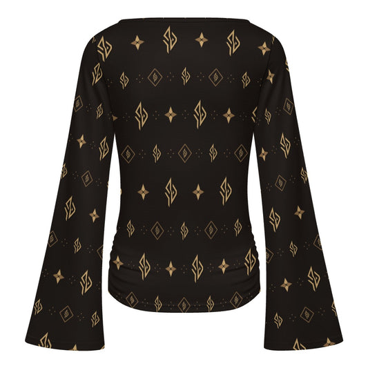 SUÐR Monogramm Trompetenärmel-Shirt Damen – Braun/Gold