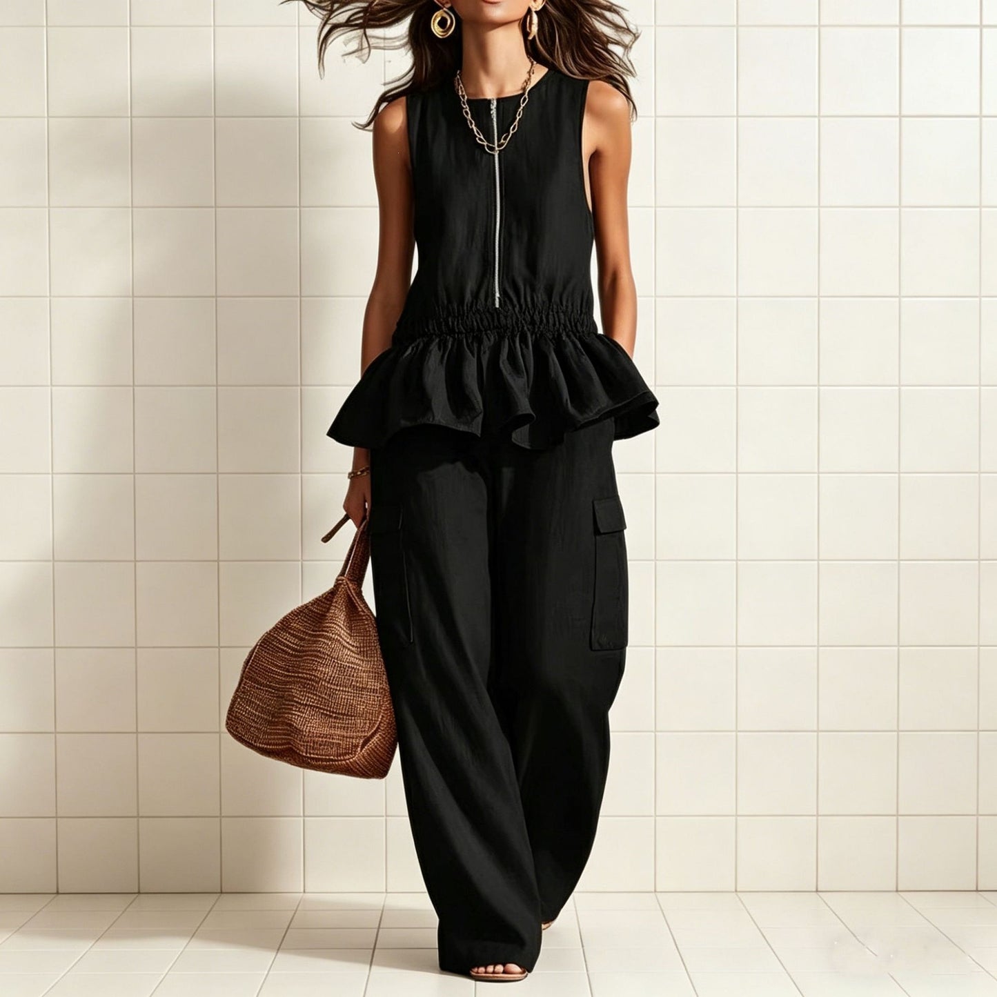 Sleeveless pleated vest wide leg pants set eprolo