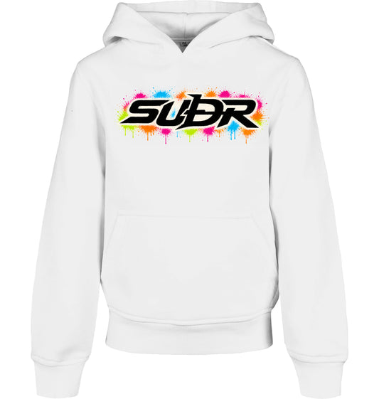SUÐR Kids Hoodie Organic in Weiß, Vorderseite mit Schriftzug