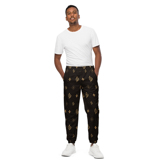 SUÐR Signature Track Pants in Braun/Gold – Monogramm-Muster, weitere Ansicht