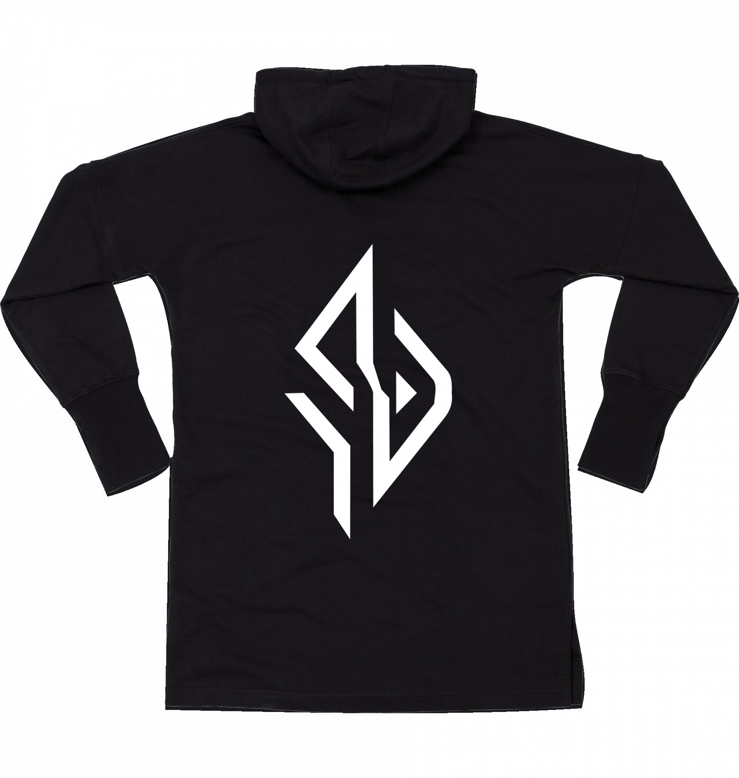 SUÐR FIND Hoodie Dress in Schwarz – Rückansicht mit großem SUÐR-Monogramm