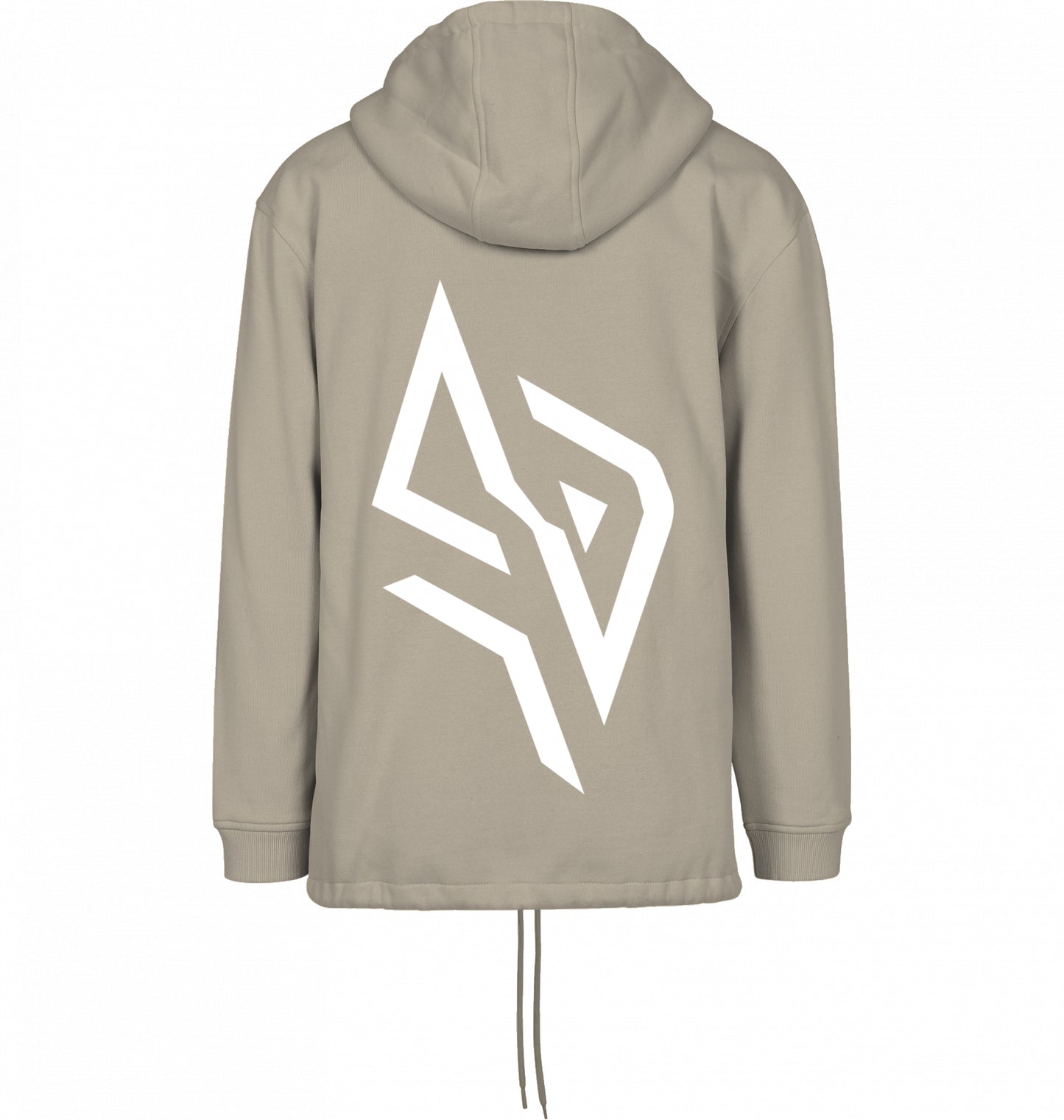 SUÐR FIND Pull Over Hoodie in Sand – Rückansicht mit schrägem Logo
