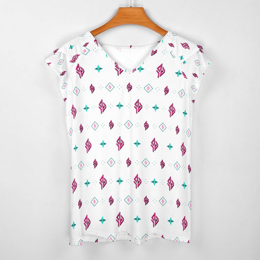 SUÐR Monogramm V-Neck Tee Damen – Weiß/Pink-Türkis