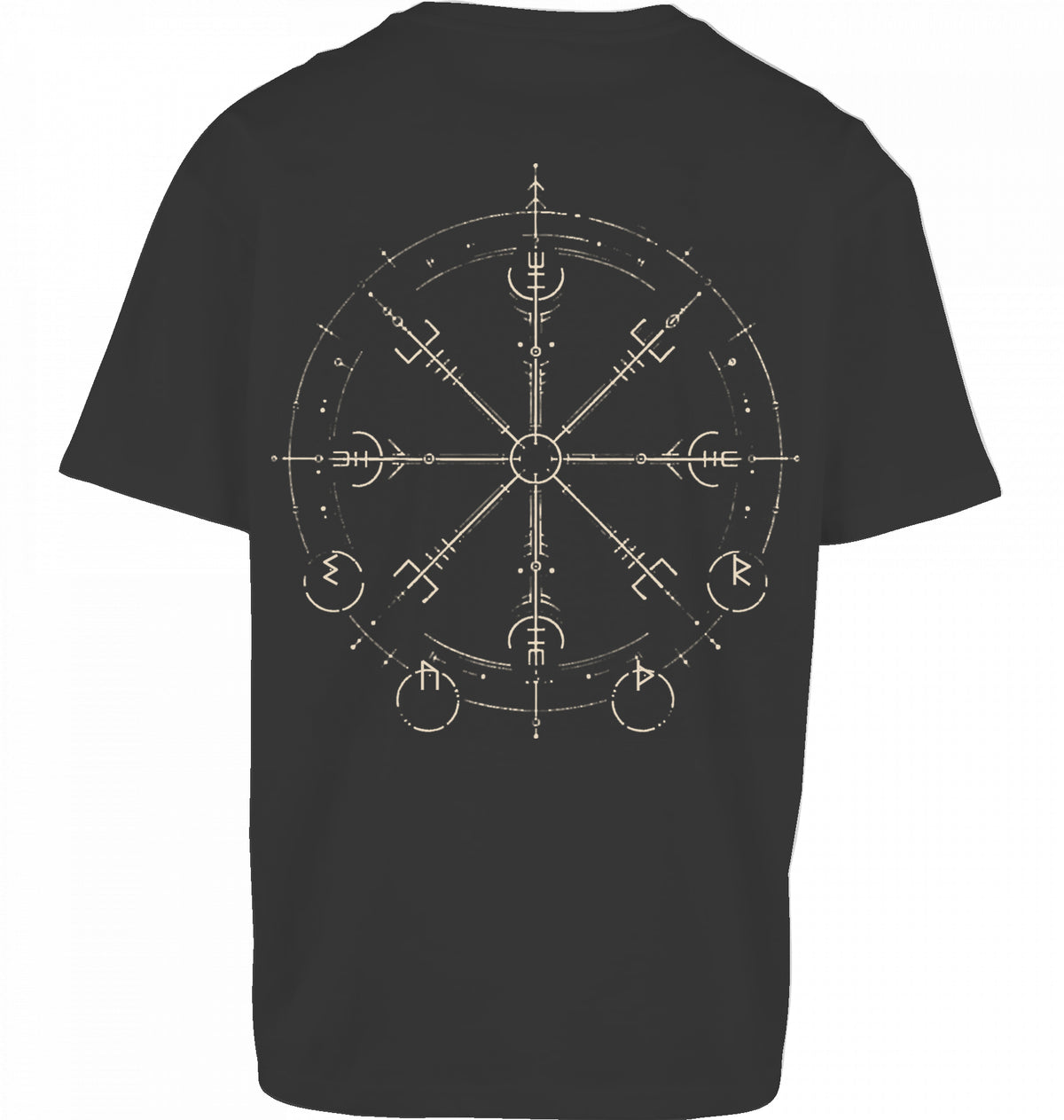 SUÐR FIND Wayfinder Tee in Black – Rückseite mit großem Wayfinder-Artwork in Beige im DTF-Druck