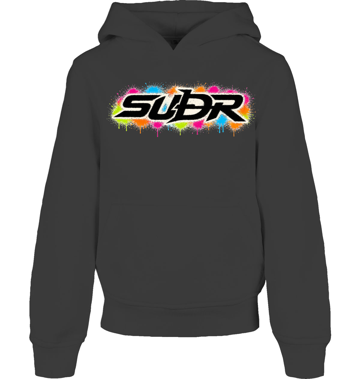 SUÐR Kids Hoodie Organic in Schwarz, Vorderseite mit Schriftzug