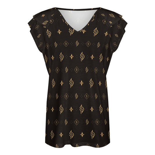 SUÐR Monogramm V-Neck Tee Damen – Braun/Gold in S