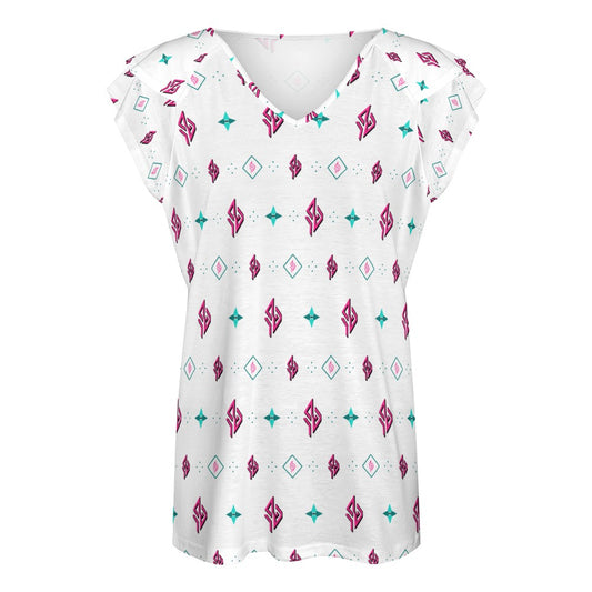 SUÐR Monogramm V-Neck Tee Damen – Weiß/Pink-Türkis in S