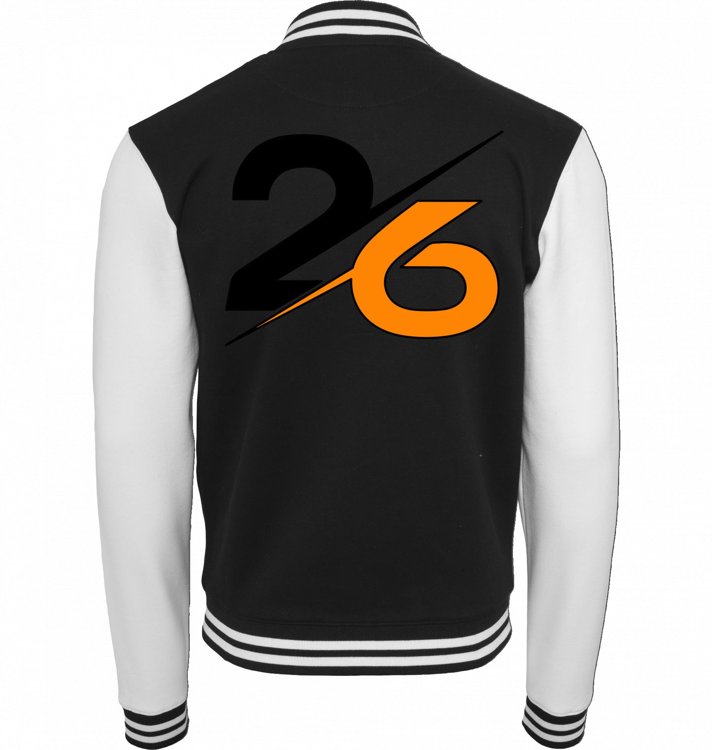 SUÐR FIND Sweat College Jacket in Black/White – Rückansicht mit großer 26 in Schwarz-Orange