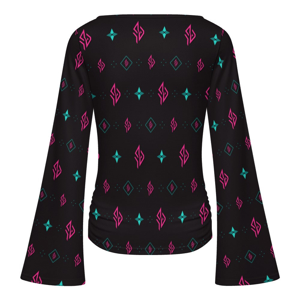 SUÐR Signature Trompetenärmel-Shirt Damen – Schwarz/Pink-Türkis