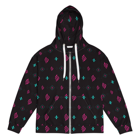SUÐR Zip Hoodie – Schwarz/Pink-Türkis