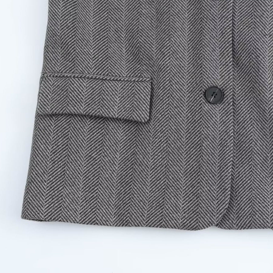 European and American style women's new hooded patchwork herringbone diagonal long sleeved suit jacket