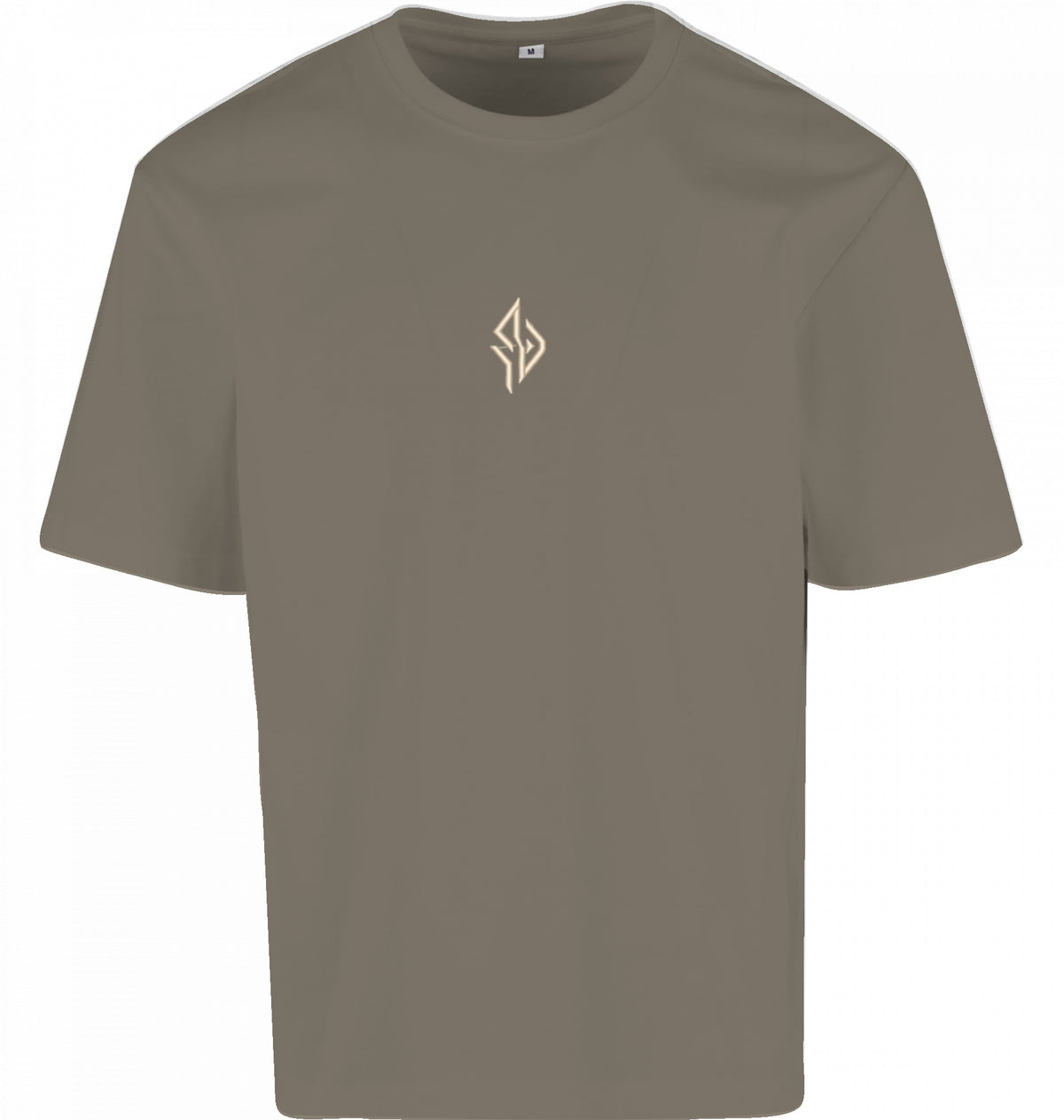 SUÐR FIND Loose Fit Tee in Pale Olive – Vorderseite mit gesticktem SUÐR-Monogramm auf der Brust