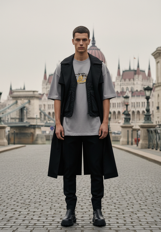SUÐR CITY 01 BUDAPEST – Oversized Tee in Grau, Detailansicht des Brustprints, fotografiert an der Kettenbrücke vor dem Budapester Parlament