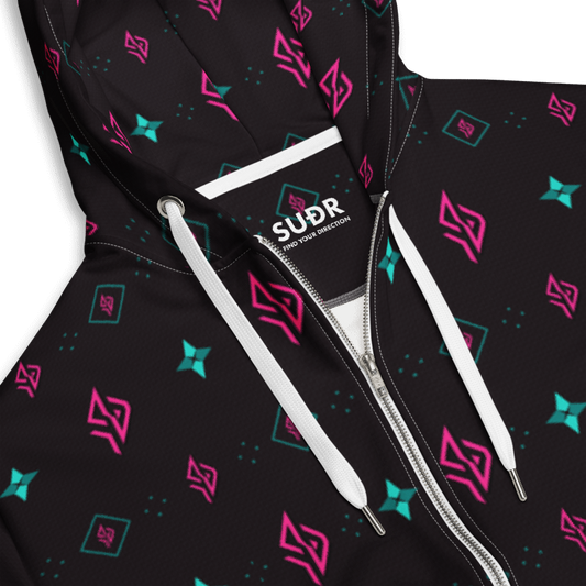 SUÐR Signature Zip Hoodie – Schwarz/Pink-Türkis