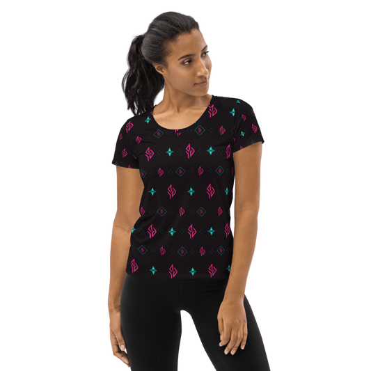 SUÐR Signature Crew Tee Damen – Schwarz/Pink-Türkis