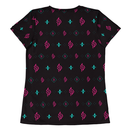 SUÐR Athletic Tee Damen – Schwarz/Pink-Türkis