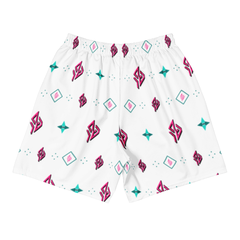SUÐR Signature Athletic Long Shorts – Weiß/Pink-Türkis