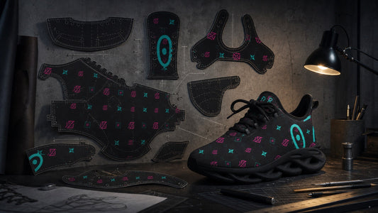Einzelne Schnittteile eines SUÐR-Sneakers mit Monogramm-Muster auf einer Werkbank, daneben der fertige Schuh