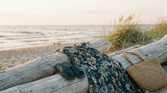 Sommerabend am Strand: Maxikleid, Slides und Strandtasche auf Treibholz – SUÐR Sommer-Styling-Guide 2026