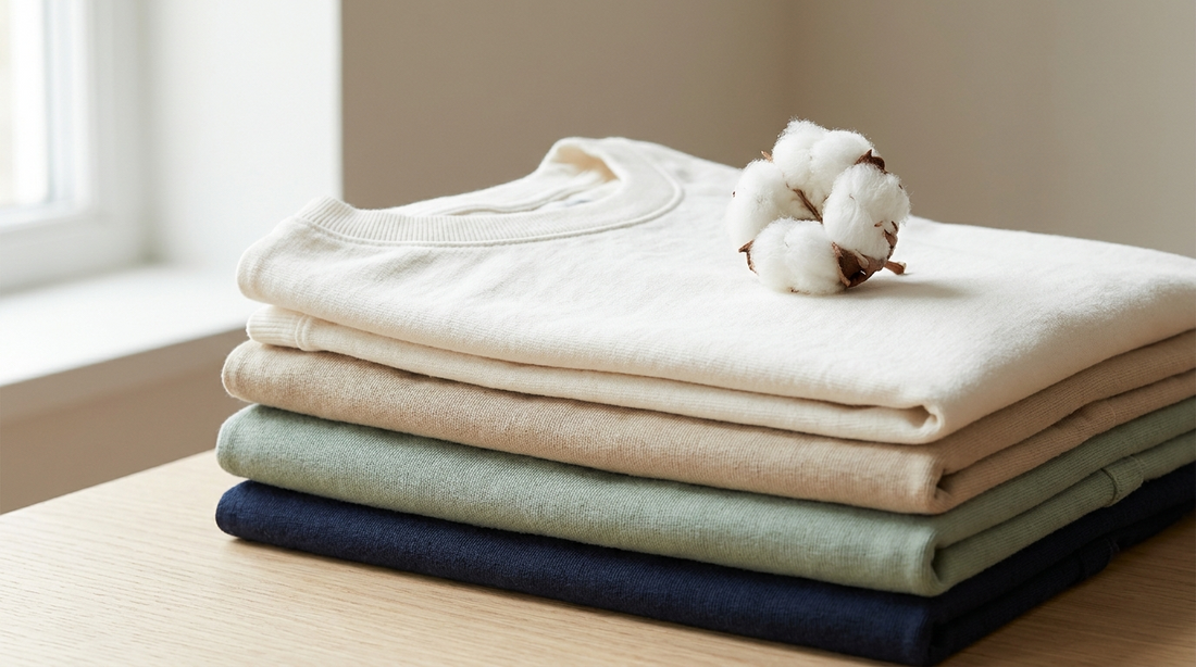 Gefaltete Organic-Cotton-Shirts in Naturtönen mit Baumwollkapsel – SUÐR Material-Guide zu Bio-Baumwolle