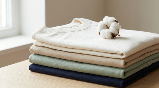 Gefaltete Organic-Cotton-Shirts in Naturtönen mit Baumwollkapsel – SUÐR Material-Guide zu Bio-Baumwolle