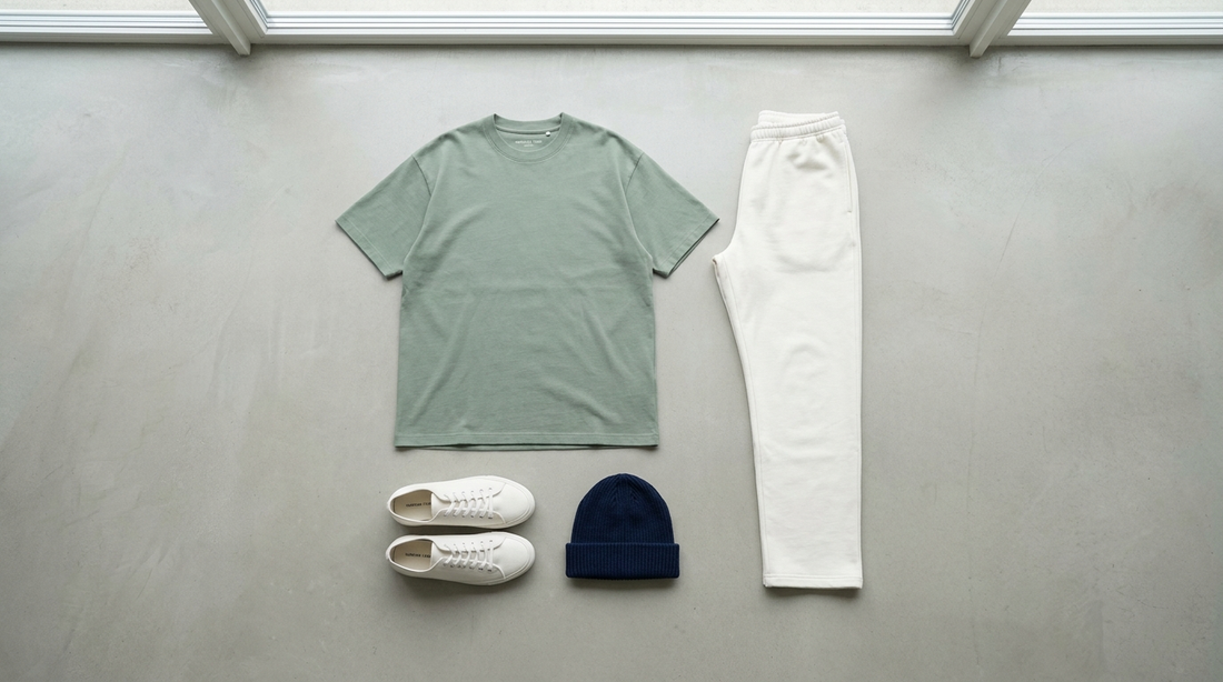 Flat-Lay eines Oversize-Outfits: Shirt, gerade Sweatpants, Canvas Sneaker und Beanie – SUÐR Styling-Guide Oversize kombinieren