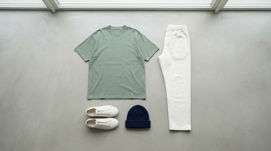 Flat-Lay eines Oversize-Outfits: Shirt, gerade Sweatpants, Canvas Sneaker und Beanie – SUÐR Styling-Guide Oversize kombinieren