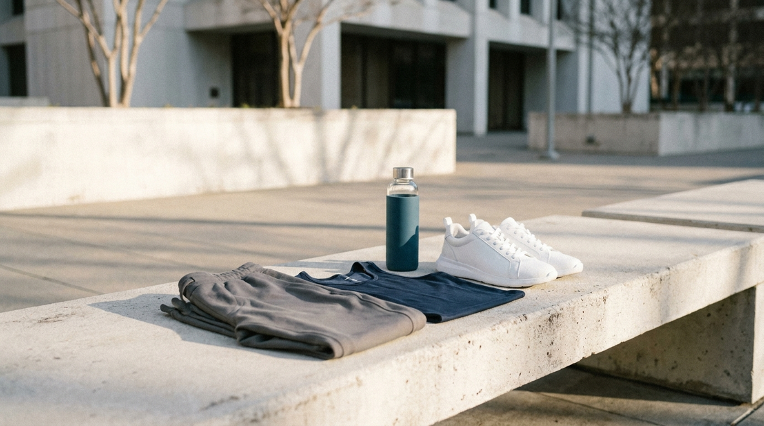 Athleisure-Outfit auf Betonbank: Jogger, Tank-Top und weiße Athletic Sneaker im Morgenlicht – SUÐR Styling-Guide Athleisure