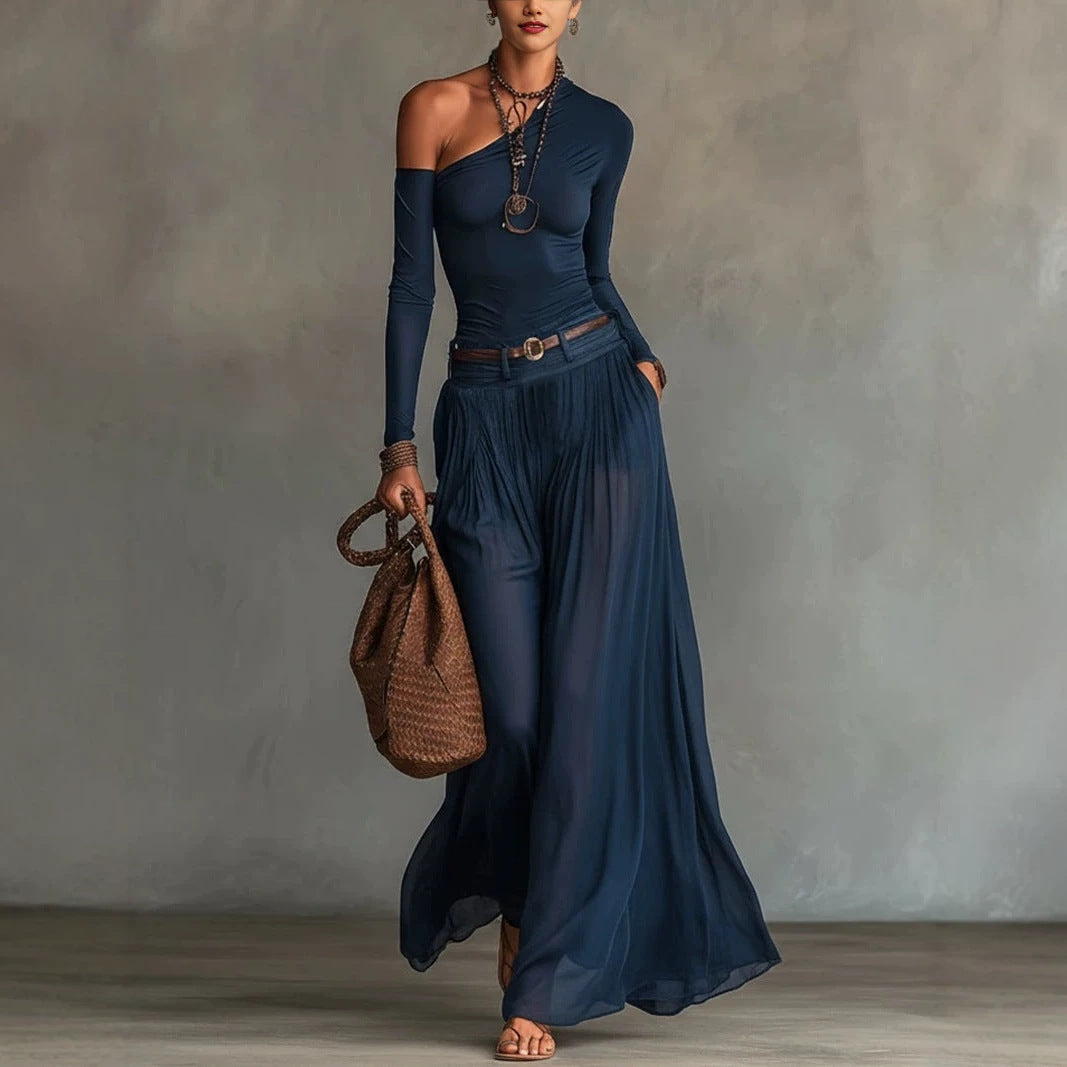 Fashionable Simple Solid Color Asymmetrical Shoulder Long Sleeve Casual Set with Belted Long Dress eprolo