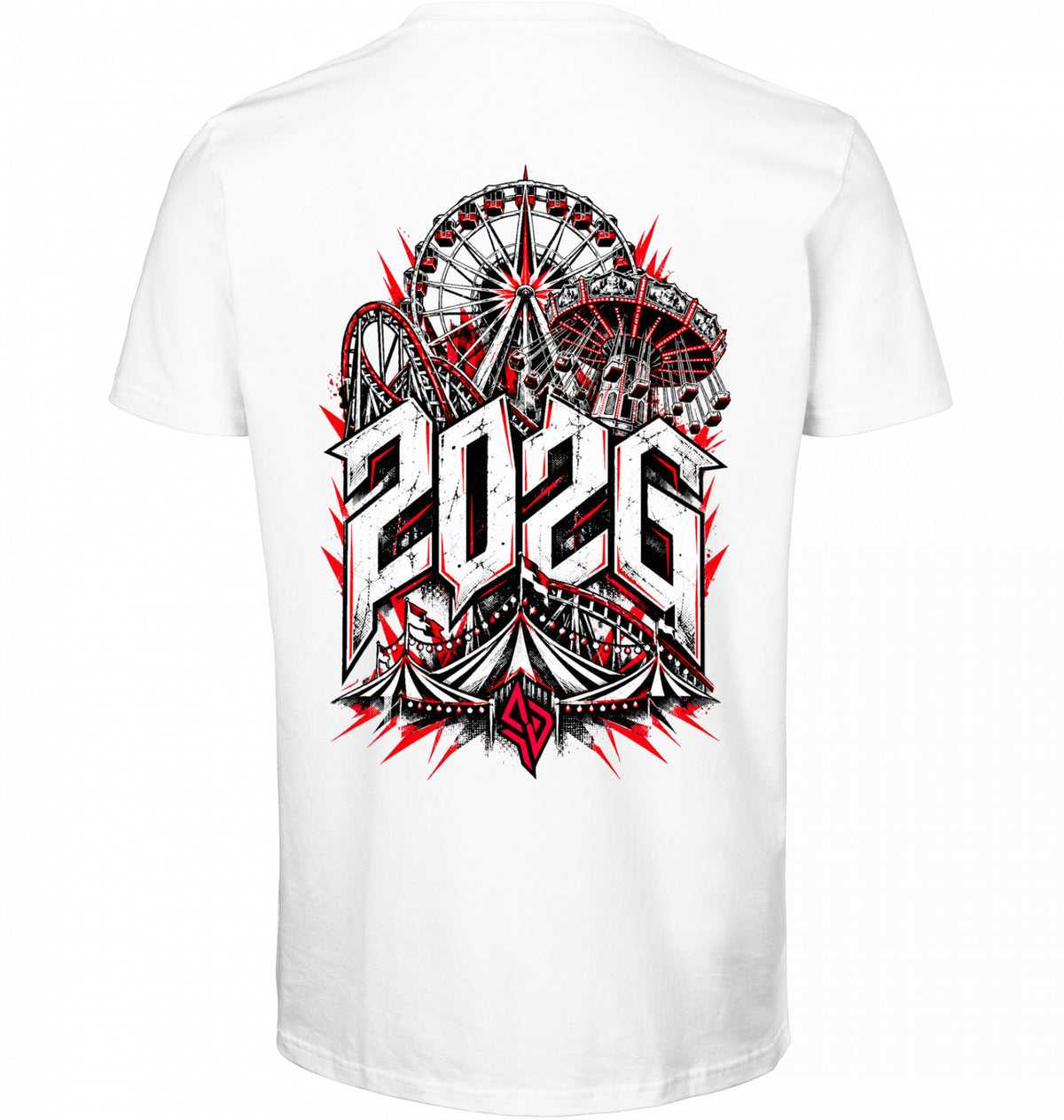 VESTR FEST 02 – MUNICH V-Neck Tee in White, 2026-Backprint mit Riesenrad und Zelt, von SUÐR