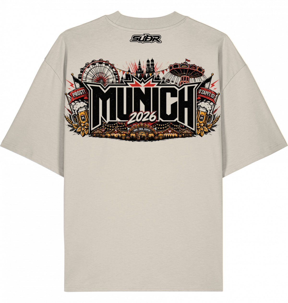 VESTR FEST 01 – MUNICH Oversized Tee in Cream, Wiesn-Panorama mit 2026 auf dem Rücken, von SUÐR