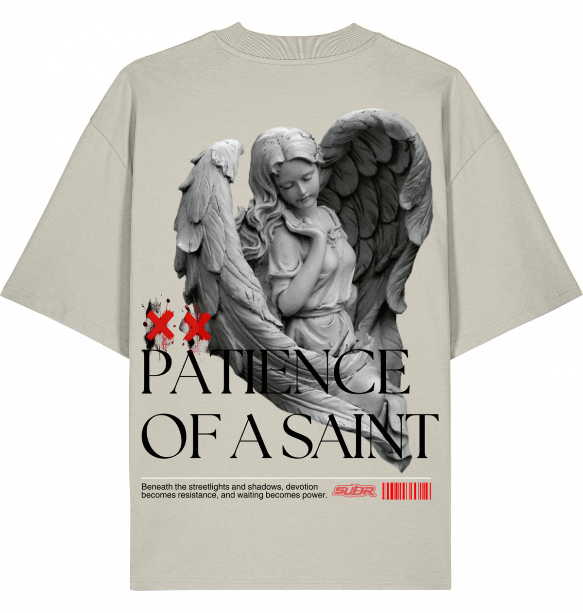 VESTR SAINT – Oversized Tee in Natural Raw, Engel-Backprint „Patience of a Saint“ von SUÐR