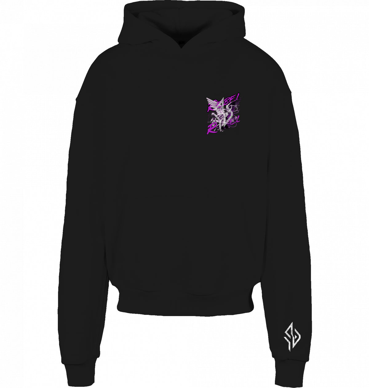 VESTR REBEL – Heavy Box Hoodie in Black, kleines REBEL-Motiv auf der Brust und Zeichen am Ärmel, von SUÐR