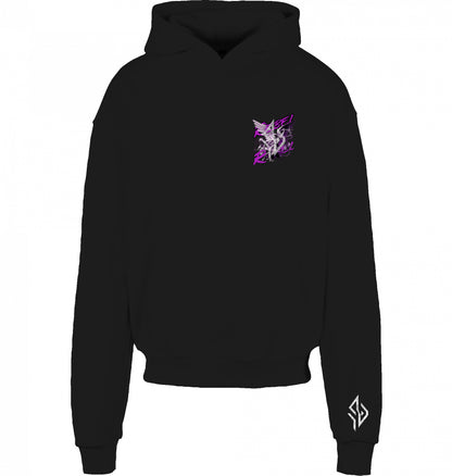 VESTR REBEL – Heavy Box Hoodie in Black, kleines REBEL-Motiv auf der Brust und Zeichen am Ärmel, von SUÐR