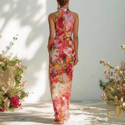 Elegant Floral Strapless Sleeveless Fitted Chiffon Dress eprolo