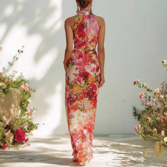 Elegant Floral Strapless Sleeveless Fitted Chiffon Dress eprolo