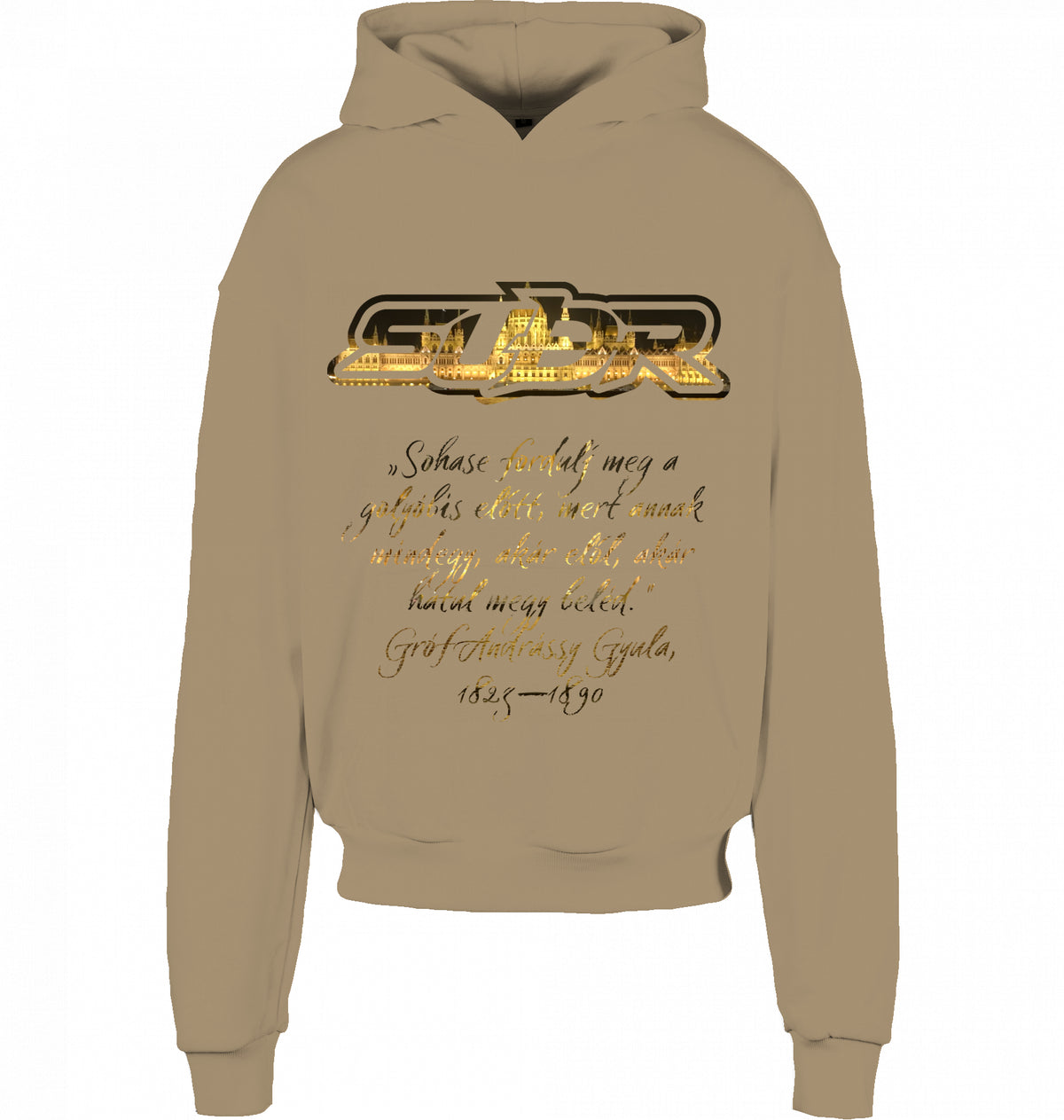 CITY 01 HOODIE BUDAPEST in U. Beige, SUÐR-Schriftzug und Andrássy-Zitat vorne, von SUÐR