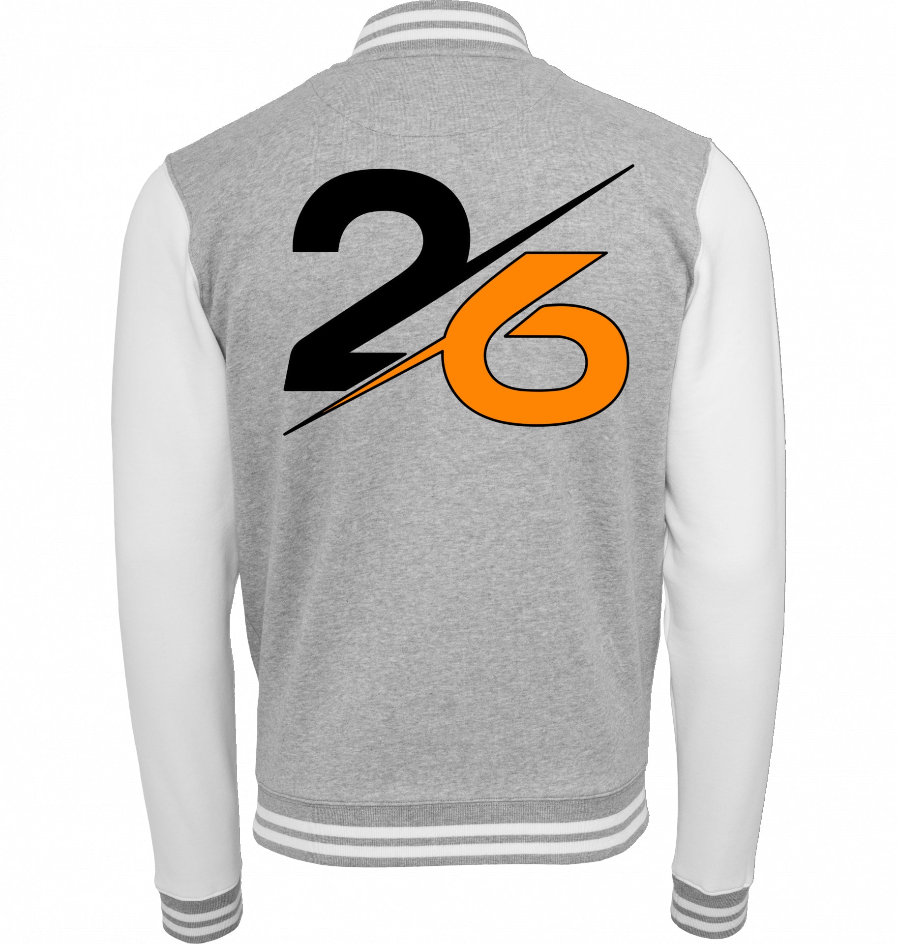 SUÐR FIND Sweat College Jacket in Heather Grey/White – Rückansicht mit großer 26 in Schwarz-Orange