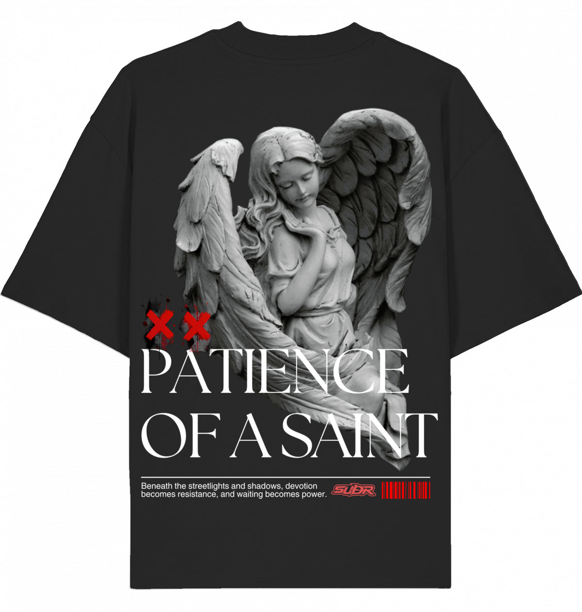 VESTR SAINT – Oversized Tee in Black, Engel-Backprint „Patience of a Saint“ von SUÐR