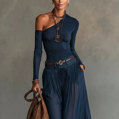 Fashionable Simple Solid Color Asymmetrical Shoulder Long Sleeve Casual Set with Belted Long Dress eprolo