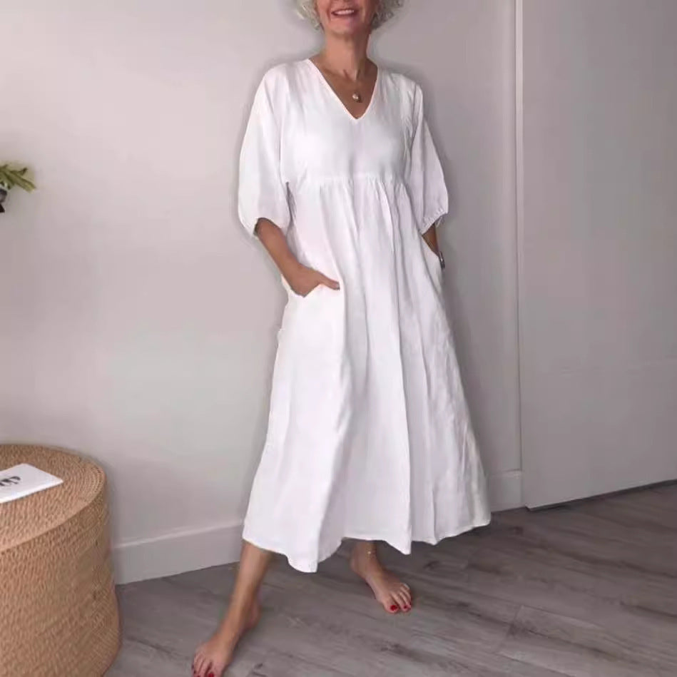 Deep V-neck pleated solid color pocket dress eprolo