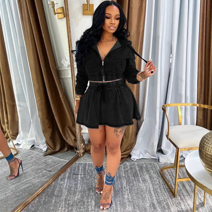 Women's Casual Dress Set, Washed Denim Jacket with Mini Skirt, Autumn Winter New Style Fashion Outfit eprolo
