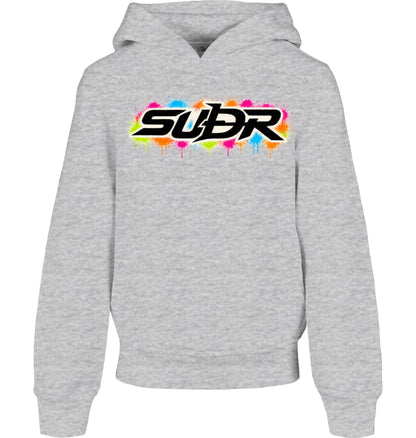 SUÐR Kids Hoodie Organic in Grau meliert, Vorderseite mit Schriftzug