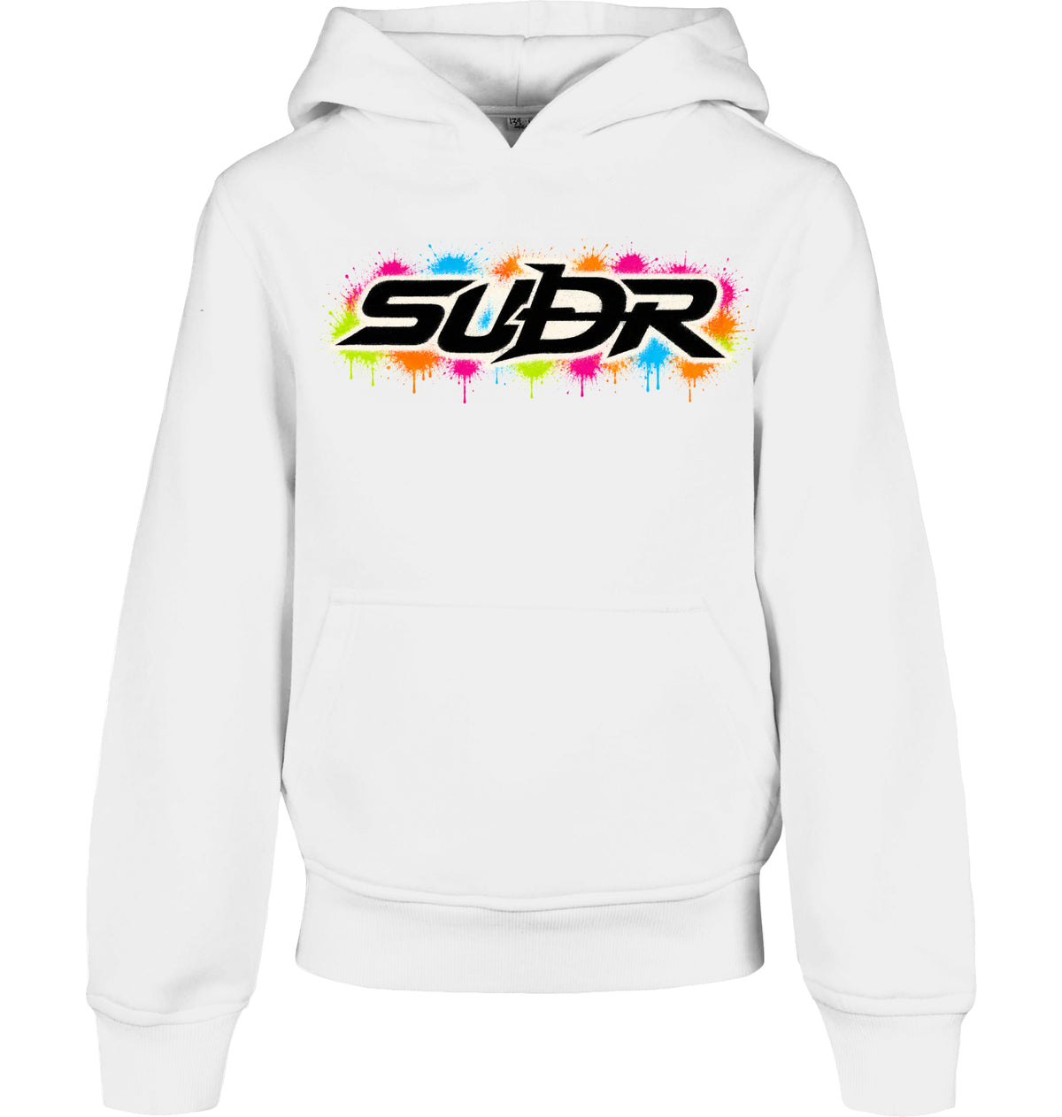 SUÐR Kids Hoodie Organic in Weiß, Vorderseite mit Schriftzug