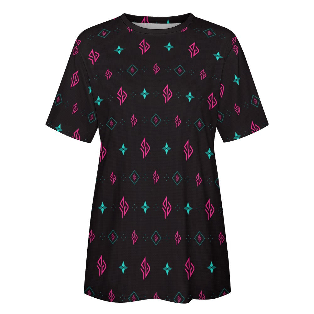SUÐR Signature Tee Damen – Schwarz/Pink-Türkis