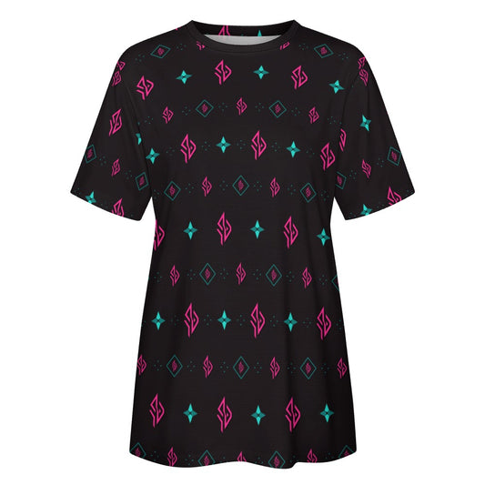 SUÐR Monogramm Tee Damen – Schwarz/Pink-Türkis