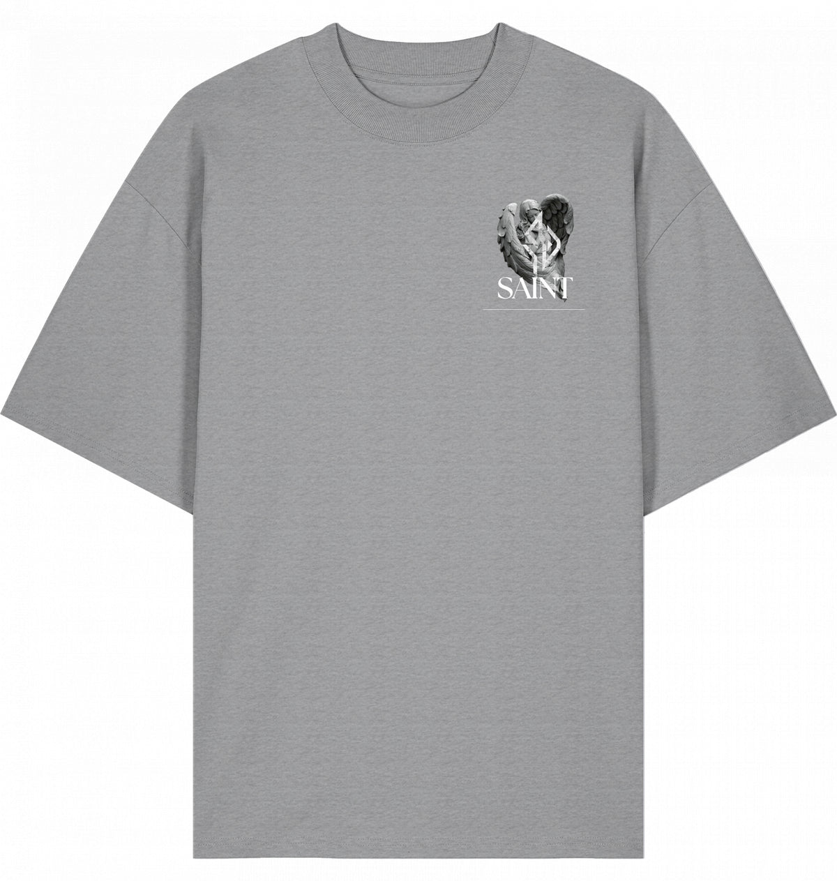 VESTR SAINT – Oversized Tee in Heather Grey, kleines SAINT-Zeichen auf der Brust von SUÐR
