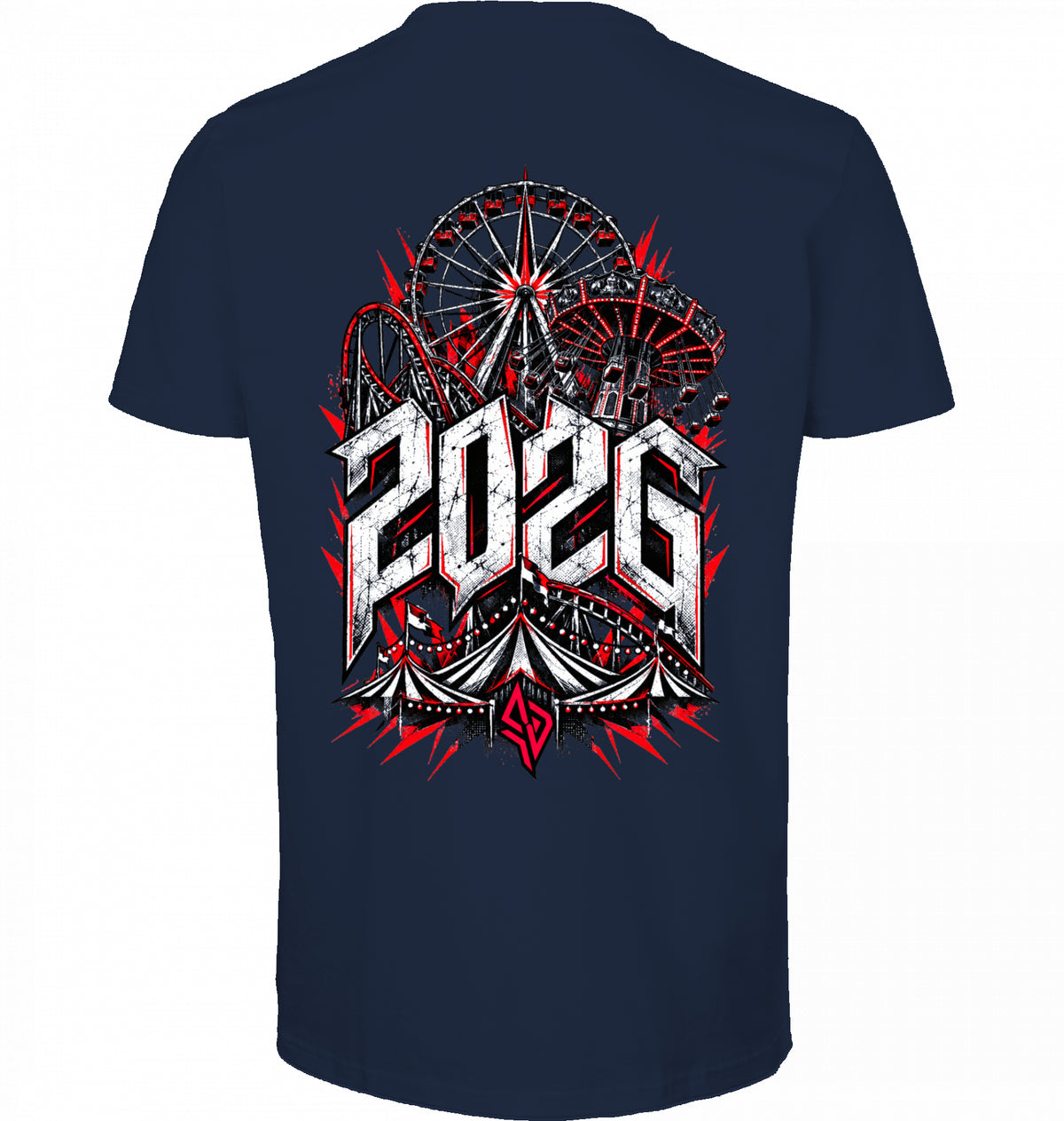 VESTR FEST 02 – MUNICH V-Neck Tee in Navy, 2026-Backprint mit Riesenrad und Zelt, von SUÐR
