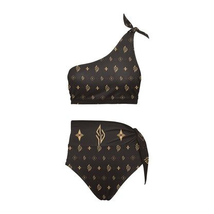 SUÐR Signature Bikini Set Schwarz/Braun-Gold, Top und High-Waist-Hose
