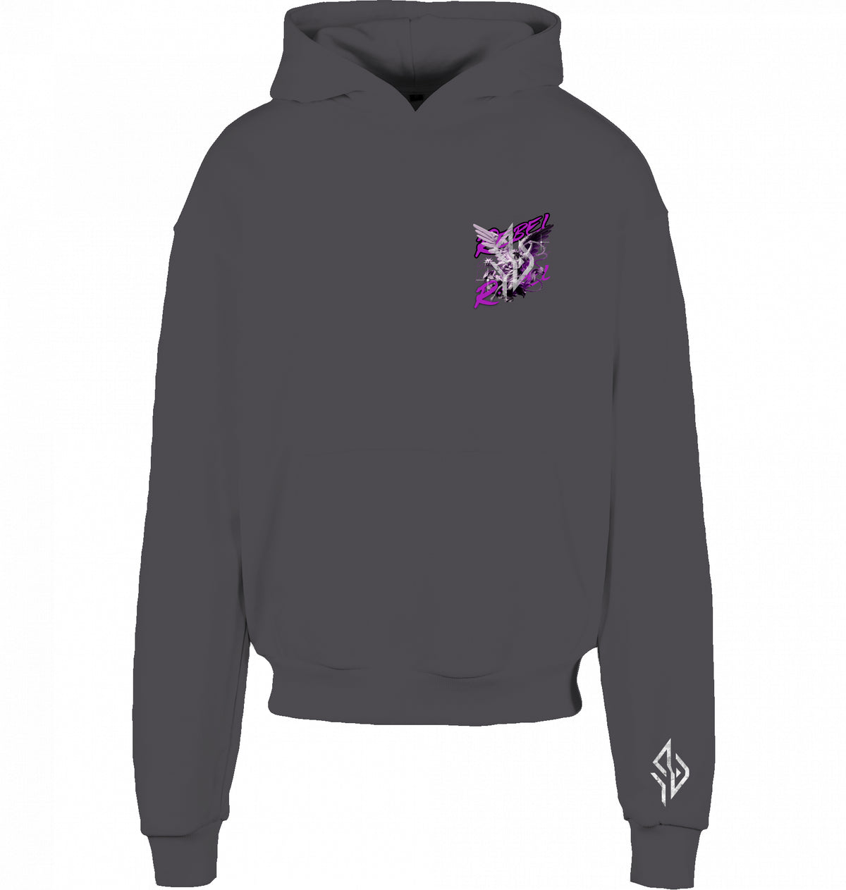 VESTR REBEL – Heavy Box Hoodie in Magnet, kleines REBEL-Motiv auf der Brust und Zeichen am Ärmel, von SUÐR